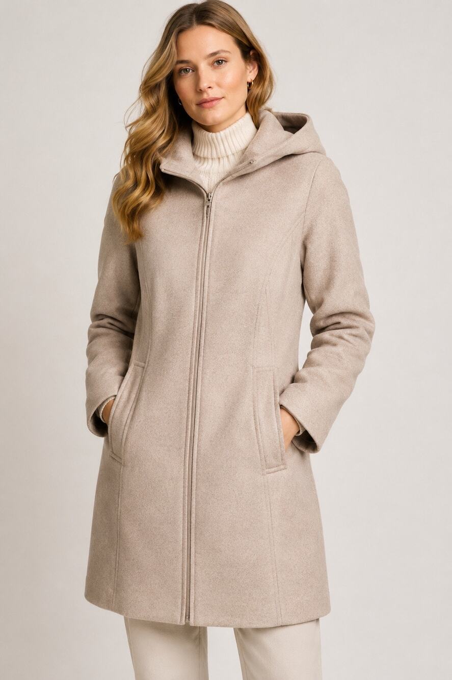 Vince Camuto Wool-Blend Hooded Winter Coat – Neutral Beige